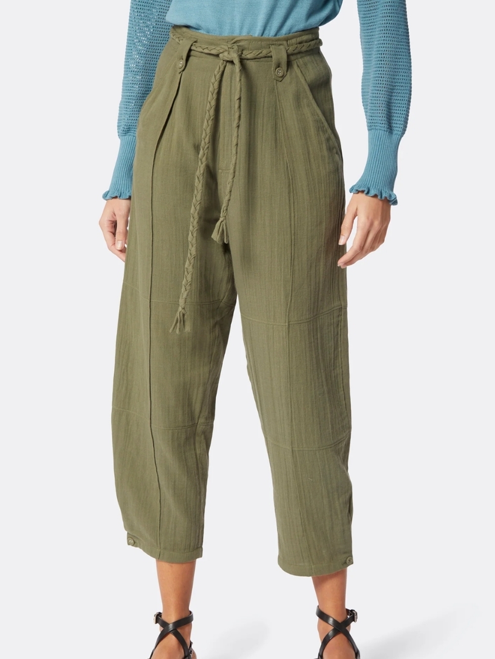 JOIE NEW Marin Olive Green Cotton Paperbag Waist Braided Belt Cropped Pants SZ 8